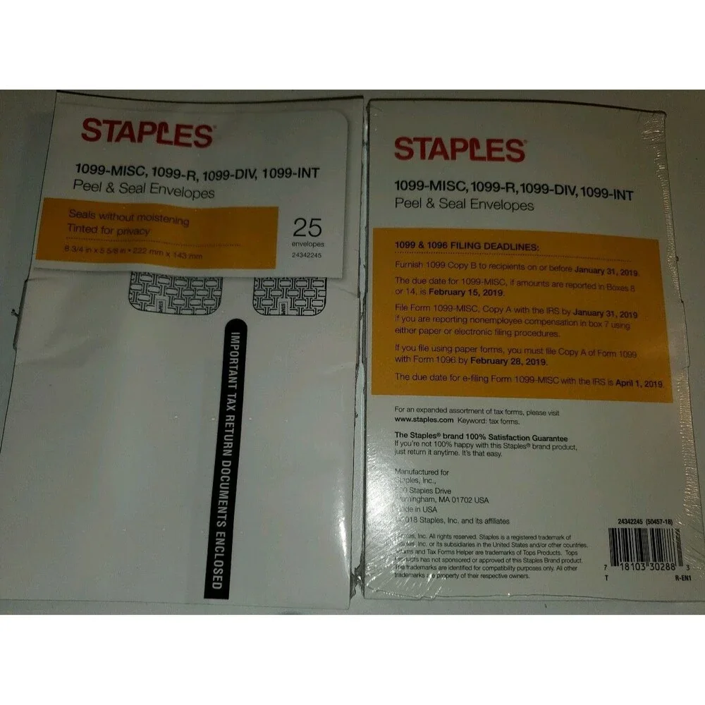 50 Peel & Seal Double Window Envelopes 1099-MISC 1099-R 1099-DIV Tax Staples